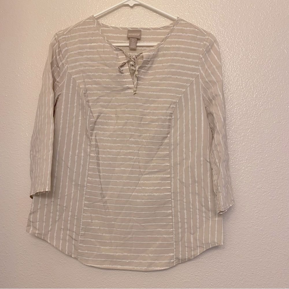 Chicos gold metallic striped lightweight 3/4 sleeve blouse tassel tie 0/S/4